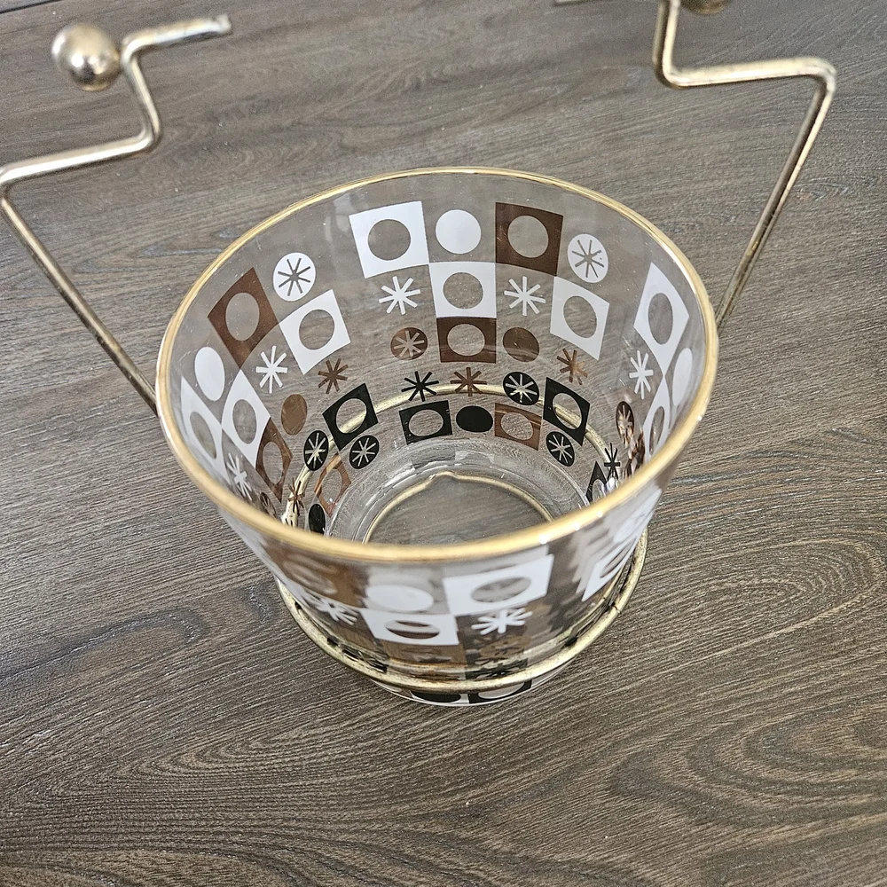 Vintage Atomic Glass Ice Bucket with Gold, Black and White Design